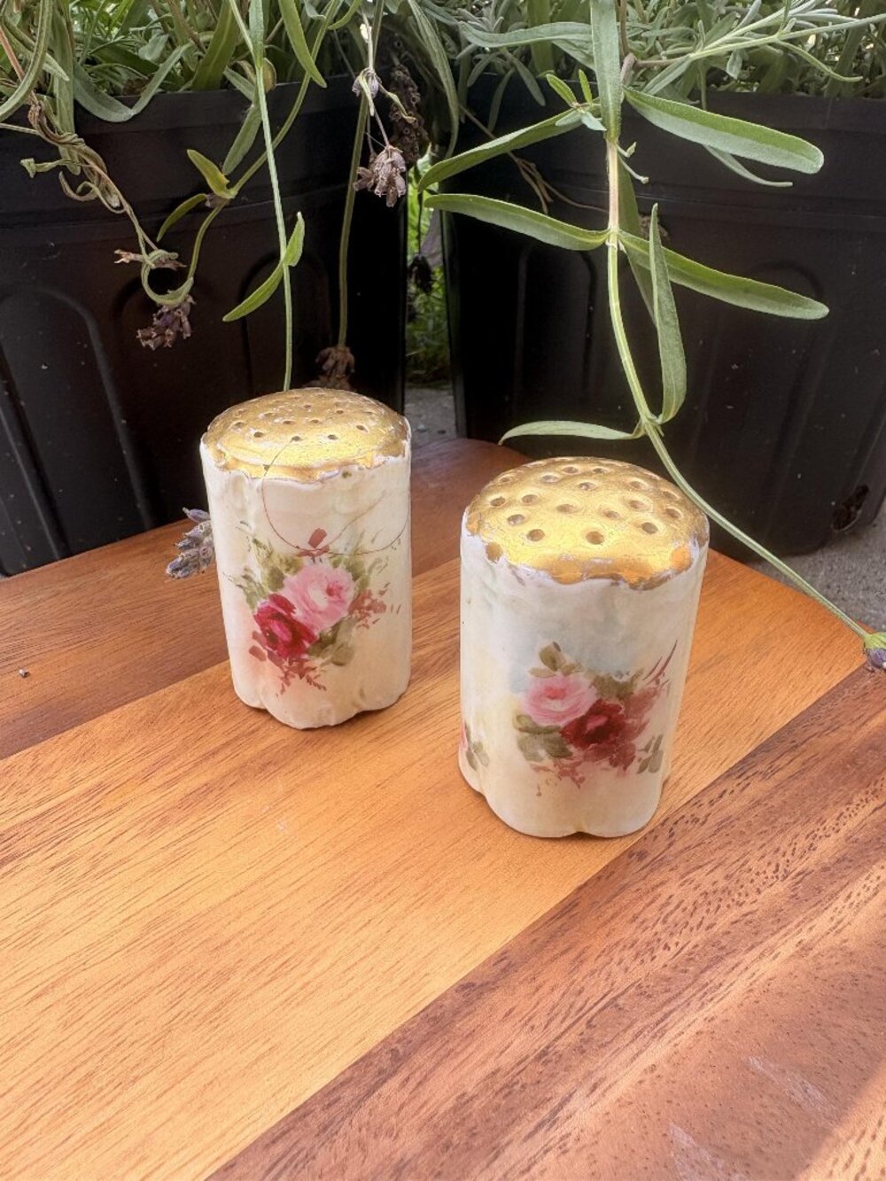Vintage Bavaria Porcelain Salt & Pepper Shakers | Pink Rose Floral Gold Tops